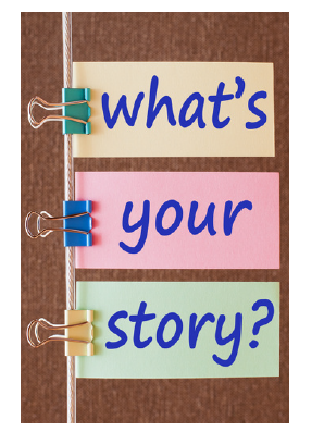 Notebook with the words 'what's your story?' clipped on the side